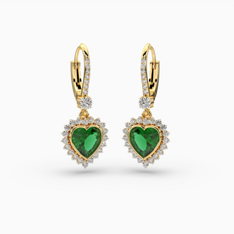 Amara Heart Huggie Earrings with certified Natural Diamonds and green emeralds