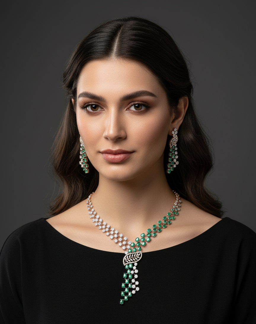 Elegant jewelry with emeralds and diamonds.