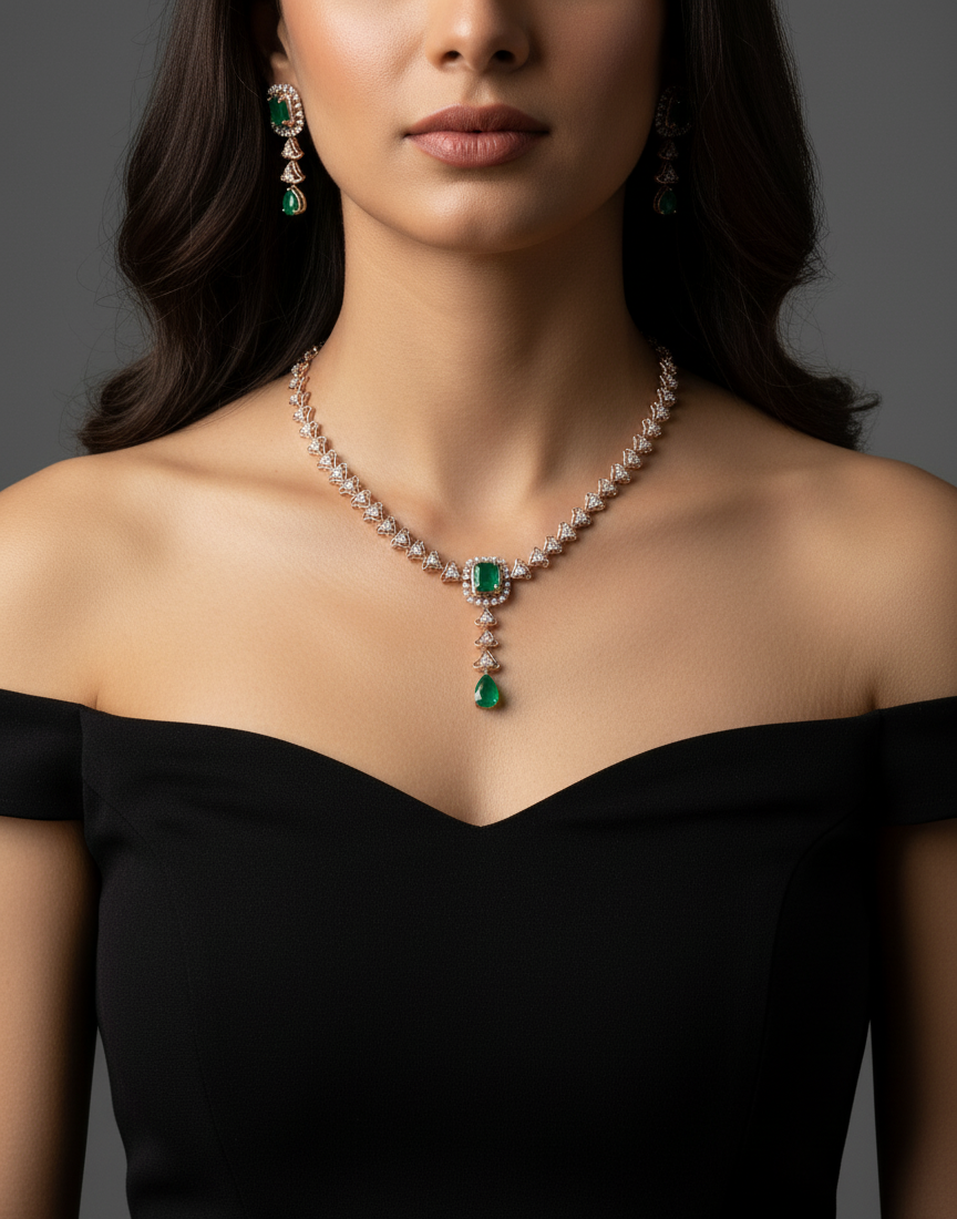 Elegant jewelry with emerald accents.