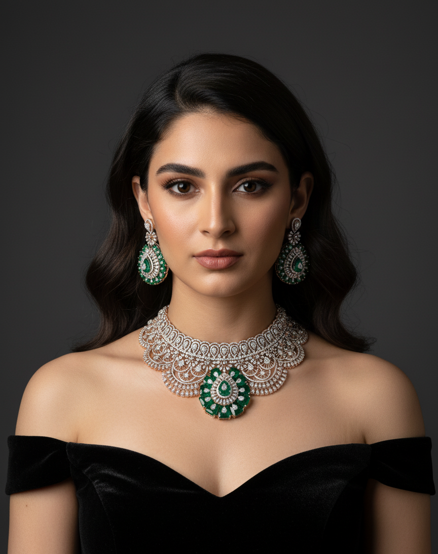 Elegant jewelry with green gemstones.