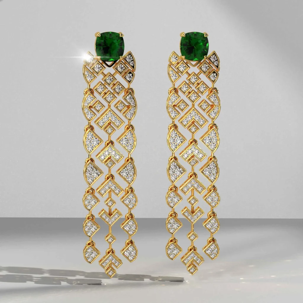 Elegant gold earrings with emeralds and diamonds