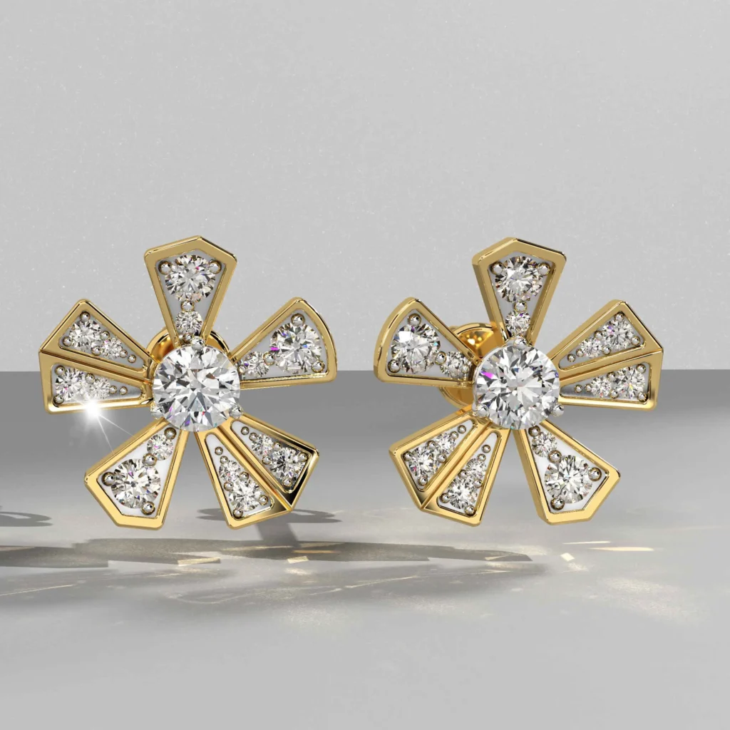 Gold flower-shaped earrings with diamonds